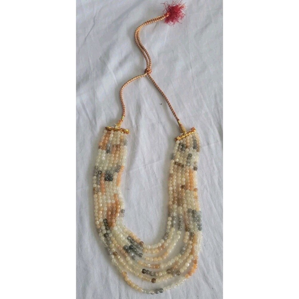 Multistrand Moonstone Bead Necklace 4.2 oz Adjustable Cord White Gray Peach